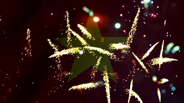 Bright golden festive fireworks display with a large central green star shape