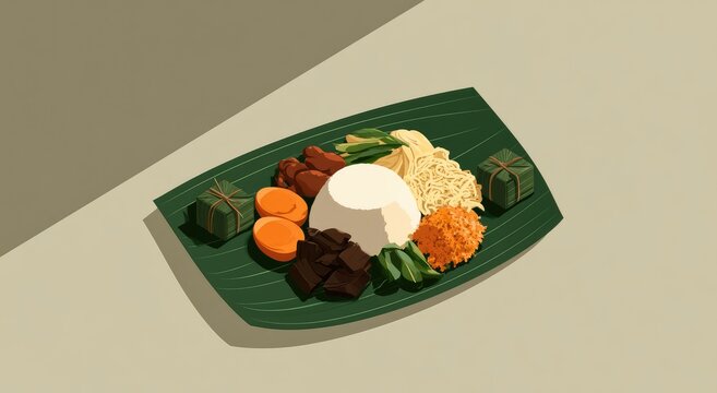Traditional Indonesian Nasi Campur Served on Banana Leaf Plate.