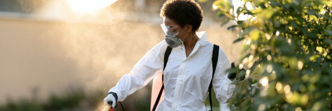 Worker in protective coverall spraying hedge at golden hour for garden pest control banner design and outdoor treatment background