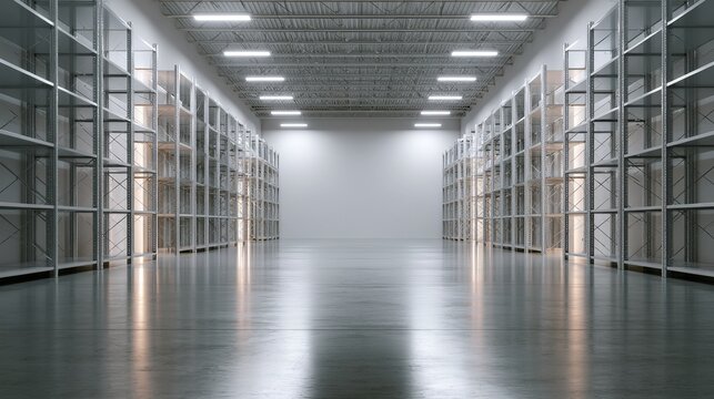 Empty large warehouse interior with empty metal shelves and glossy concrete floor under bright fluorescent lighting. Industrial storage concept for supply chain design.