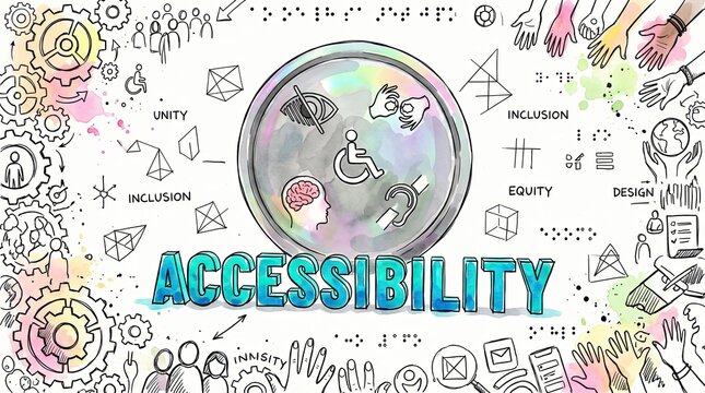 Accessibility for All: A vibrant illustration celebrating inclusivity and equal access for everyone, featuring symbols of different abilities and diverse hands reaching out.