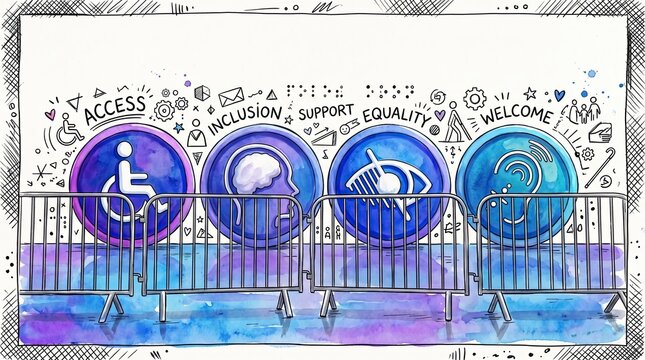 Inclusive Access for All: A visual representation of inclusivity, featuring symbols for accessibility, inclusion, equality, and a warm welcome, suggesting a barrier-free environment for everyone.