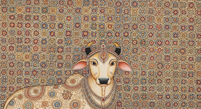 Intricate Indian Miniature Painting of a Sacred Cow adorned with detailed patterns.