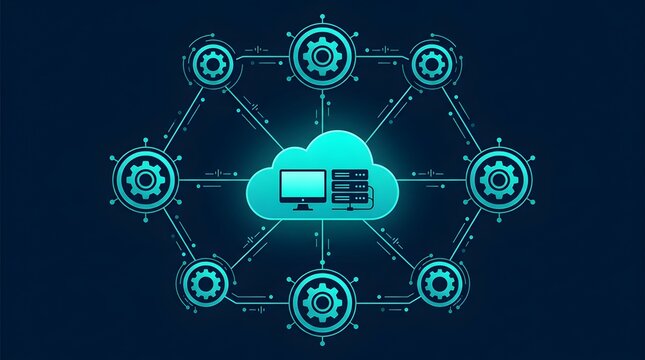Cloud computing concept with central turquoise cloud icon containing server and monitor surrounded by eight connected gear nodes, distributed network system on dark blue background