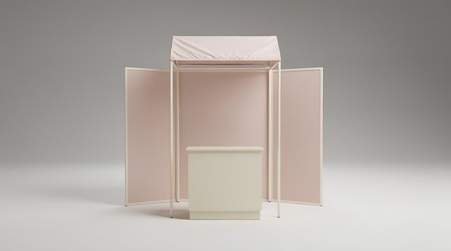 Minimalist retail display stand with canopy and side panels.