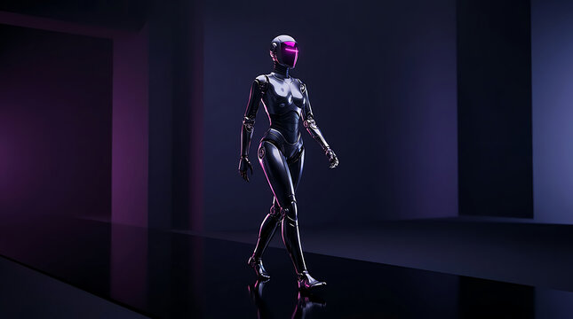 Futuristic silver female robot walking in a dark room with purple neon lights