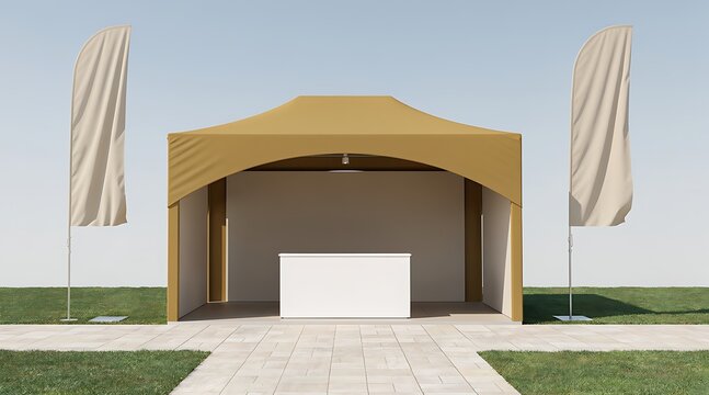 Outdoor Event Tent with Flags and Counter.