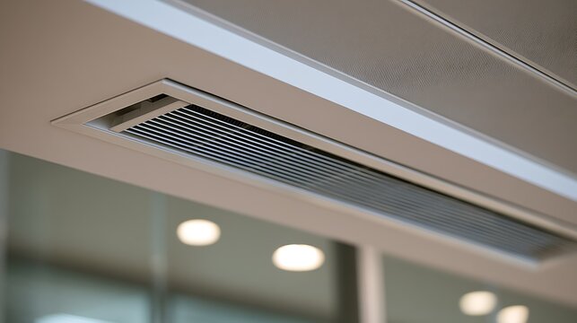 Modern linear slot air conditioning diffuser installed on ceiling in office building.