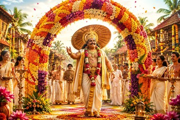 Fototapeta premium Thiruvonam Onam Festive Background with Pookalam Flowers, Banana Leaf Sadya, Nilavilakku, Kathakali and Traditional Kerala Cultural Elements