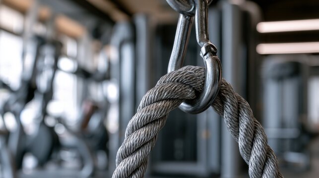 Gym cable rope attachment close up with metal hook and blurred fitness equipment background