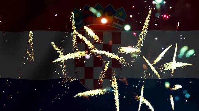 Bright golden fireworks display superimposed over the national flag of Croatia