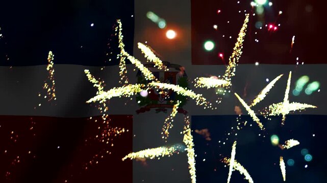Bright golden fireworks exploding in front of the Dominican Republic national flag