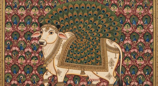 Intricate Indian Miniature Painting of a Sacred Cow Adorned with Peacock Feathers.