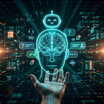 Human hand reaching toward glowing digital AI brain interface and chatbot assistant icon.