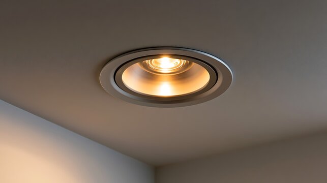 Modern recessed ceiling light fixture shining in a dark room.