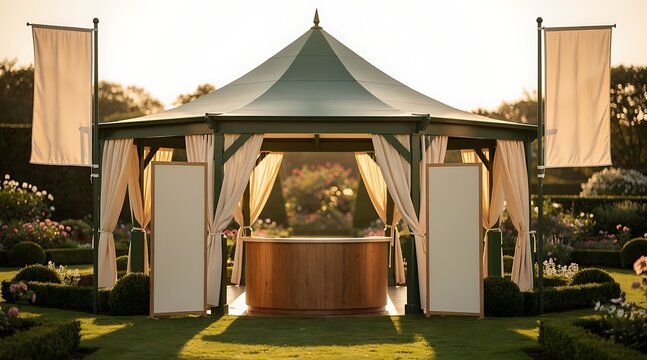 Elegant Outdoor Wedding Pavilion with Curtains and Flags at Sunset.