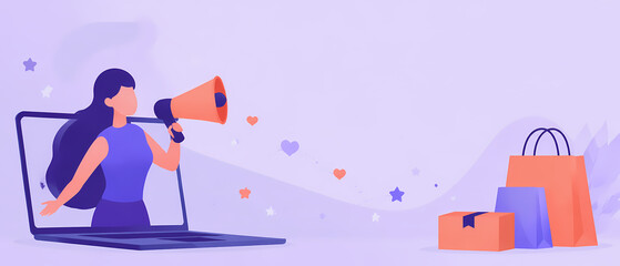 Fototapeta premium Vector banner showing a woman with a megaphone emerging from a laptop beside colorful shopping bags, illustrating ecommerce, online retail, digital marketing, sales promotion and advertising