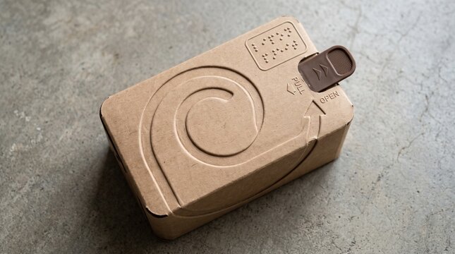 Eco-friendly paper carton featuring accessible packaging design with braille text and pull tab for blind consumers
