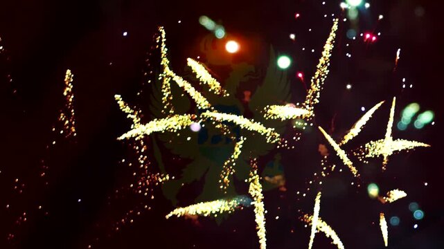 Bright golden fireworks exploding in the night sky behind the national coat of arms of Montenegro