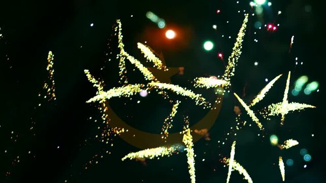 Bright golden fireworks exploding in the night sky behind a subtle Mauritania flag symbol