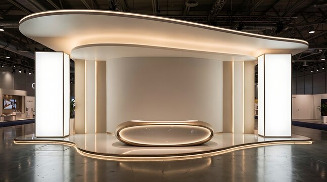 Modern futuristic exhibition stand with sleek design and ambient lighting.