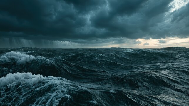 A stormy sea with rough waves under dark ominous clouds. Dramatic ocean weather background for climate change concepts.