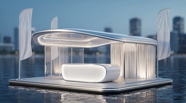 Futuristic exhibition booth design with modern architecture and city skyline background.