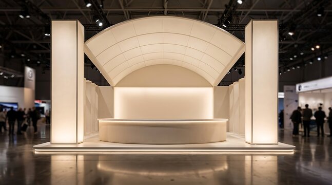 Modern Exhibition Booth Design with Curved Arch and Columns.