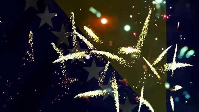 Bright golden fireworks exploding in the night sky over the flag of Bosnia and Herzegovina