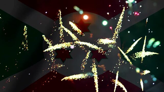 Bright golden fireworks exploding in the night sky over the flag of Burundi