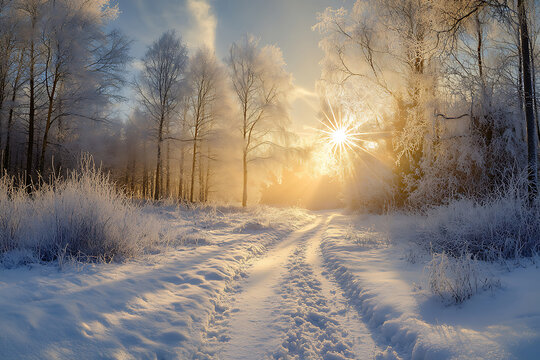 Winter forest path illuminated by warm golden sunrise rays.