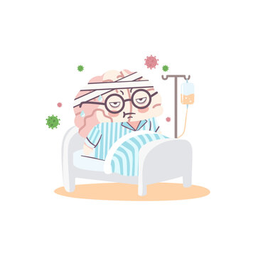 Sick brain character resting in hospital bed with IV drip, cute lineless flat illustration