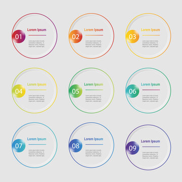 infographic elements template, business concept with 9 steps, grey circle shapes design with multi gradient color label for workflow layout, diagram, annual report, vector
