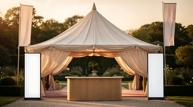 Elegant outdoor event tent with bar and flags at sunset.