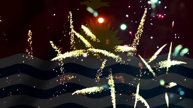 Bright golden fireworks exploding in the night sky over the national flag of Kiribati with waving patterns