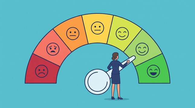 Vector illustration of a business woman adjusting an emotional satisfaction scale meter with face emojis