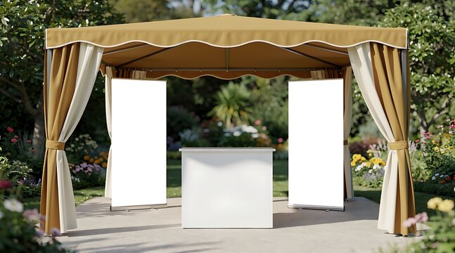 Outdoor event tent with white display panels and a counter setup for a presentation or exhibition.