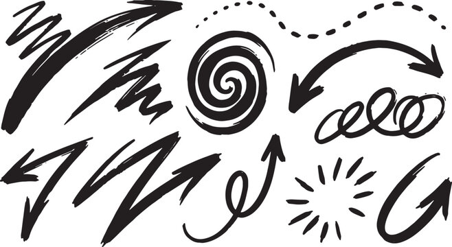 Black ink splashes, swirls, and abstract shapes on white background