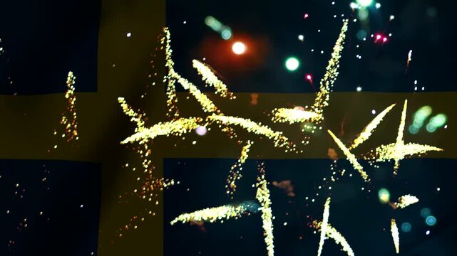 Bright golden fireworks exploding in the night sky over the national flag of Sweden
