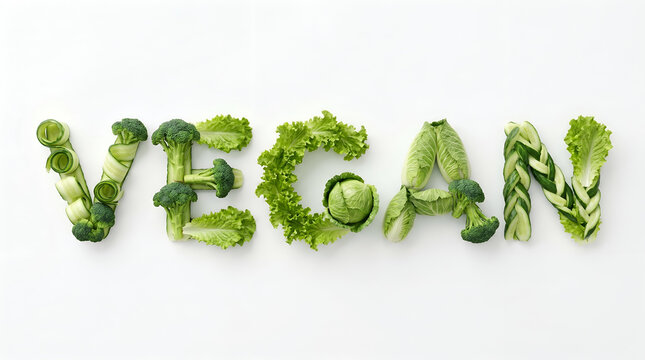 Vegan word spelled with fresh green vegetables and leafy greens on white background