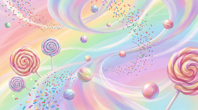 Pastel fantasy background with colorful candy swirls lollipops and magical stars