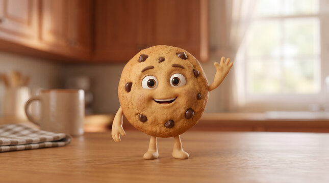 Funny 3D animated chocolate chip cookie character standing on wooden kitchen counter