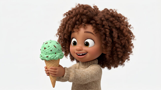 Cute 3D animated girl character holding green ice cream cone and smiling