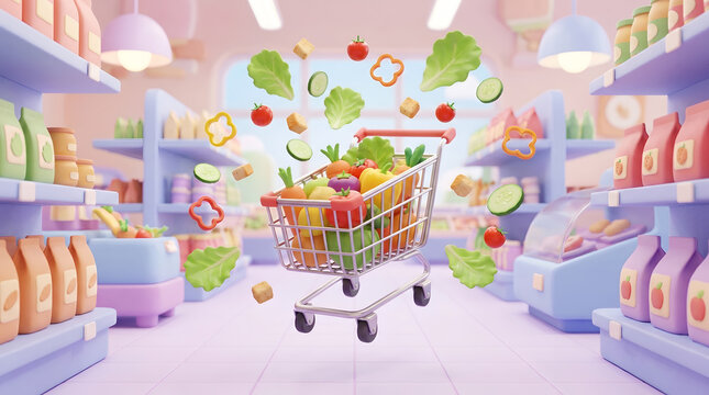 Colorful fresh grocery products flying out of shopping cart in bright fantasy supermarket