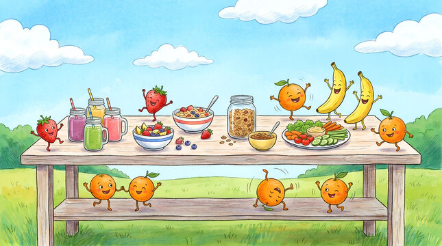 Funny cartoon fruits enjoying festive outdoor picnic celebration party on wooden table