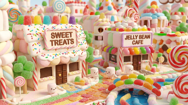 Magical miniature candyland village with sweet gingerbread houses and colorful sugar icing