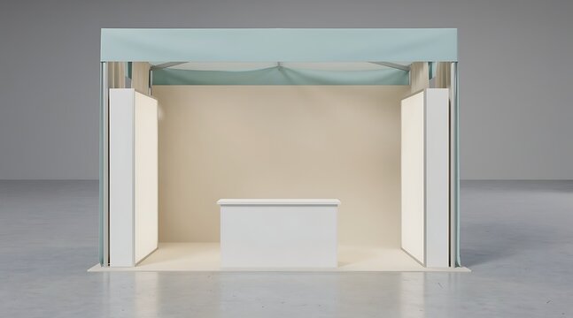 Empty exhibition booth with white counter and light blue canopy.