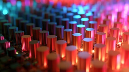 Fototapeta premium Abstract futuristic matrix of metallic pillars illuminated by vibrant neon pink and blue lighting. Ideal for advanced technology and big data concepts.