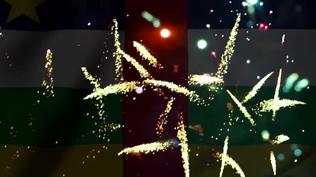 Bright golden fireworks exploding over the central african republic flag backdrop during a festive national celebration
