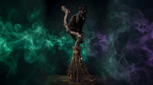 Black cat perched on rustic witch broom with colorful green and purple smoke swirls.